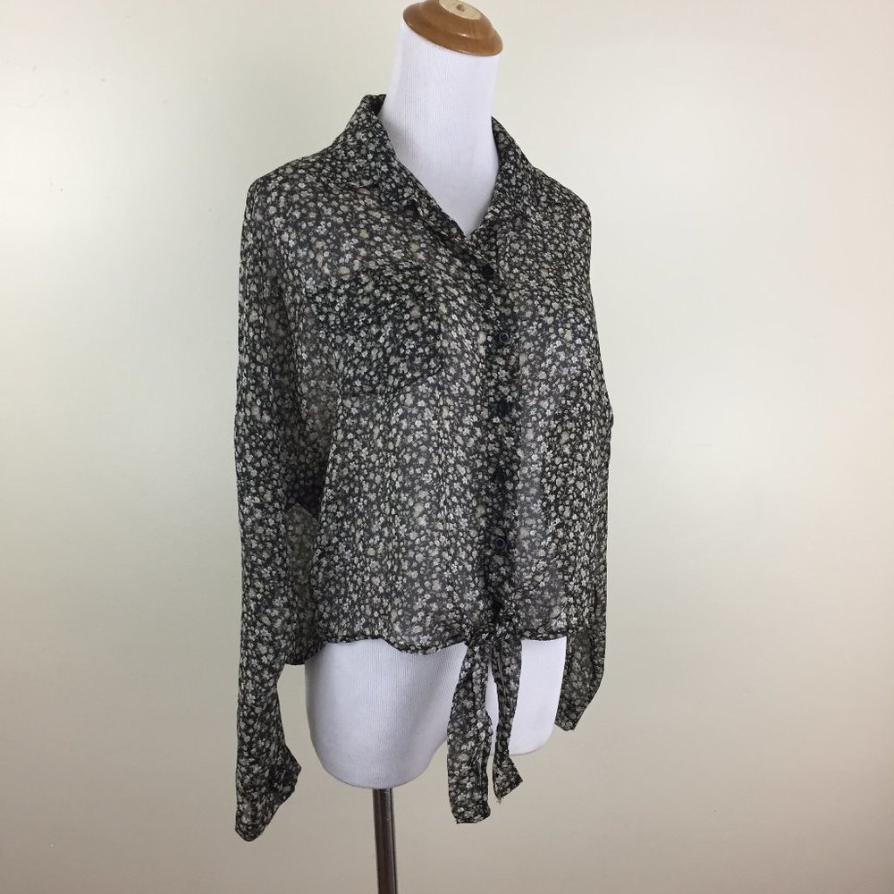 BRANDY MELVILLE Multi Color Floral Print Tie Hem Dolman Long Sleeve Button Shirt